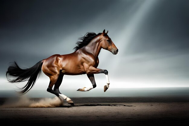 Foto un cavallo corre su uno sfondo scuro con una luce dietro di esso.