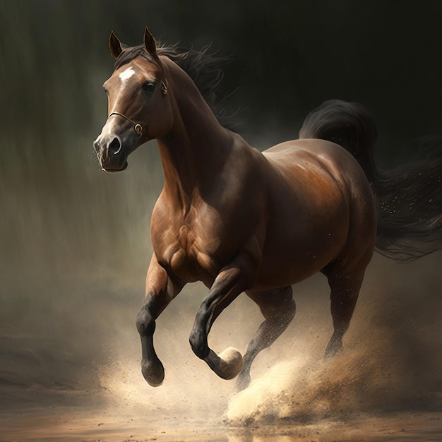 A horse is running in a dark background with a white spot on its face.