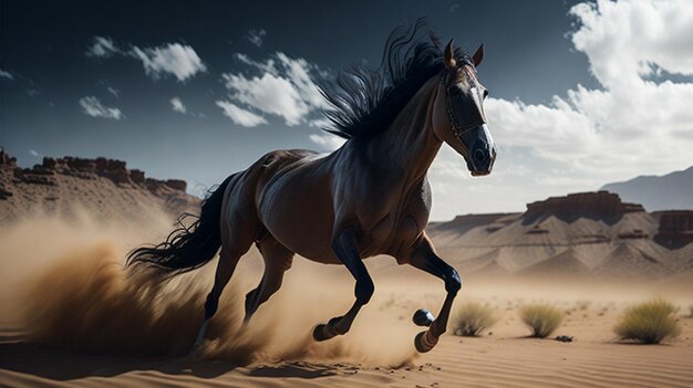 Foto un cavallo corre nel deserto con il tramonto sullo sfondo