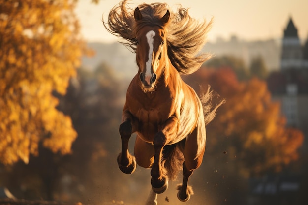 a horse is running on the ground in the fall