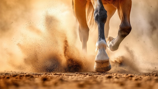 Foto il cavallo sta correndo solo le gambe sono visibili da sotto gli zoccoli polvere e sabbia