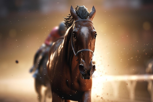 A horse is running on a track with a man on the back of it.