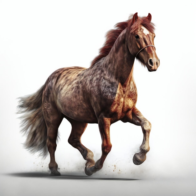 A horse is running on a white background.