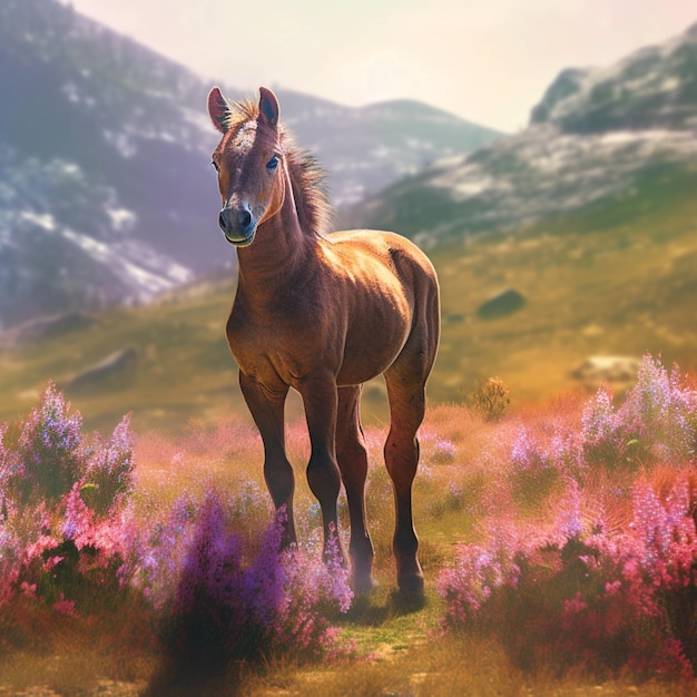 Лошадь стоит в поле с горами на заднем плане.