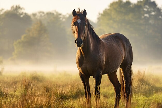 a horse is standing in a field with the sun behind it