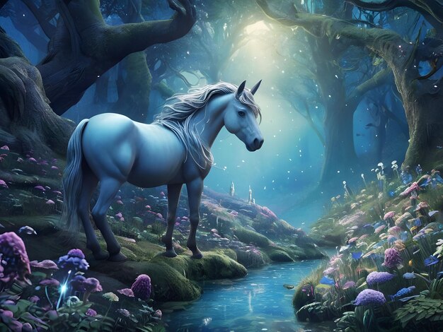 a horse is standing in a forest with a stream in the background