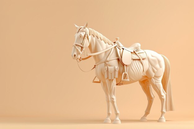 A horse is standing on a tan background with a saddle on its back