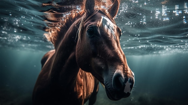 A horse is swimming in the water with the word horse on the bottom.