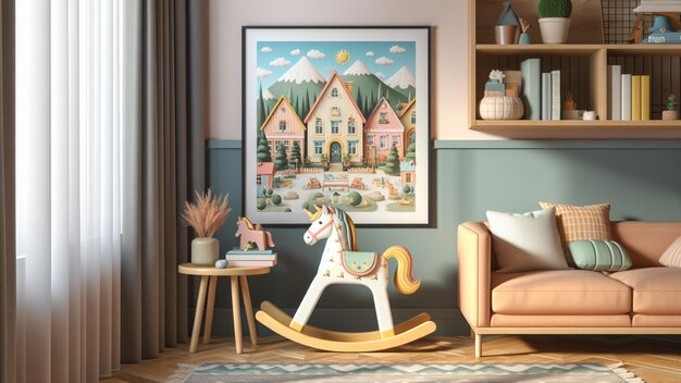 a horse is on a toy in a room with a picture of houses