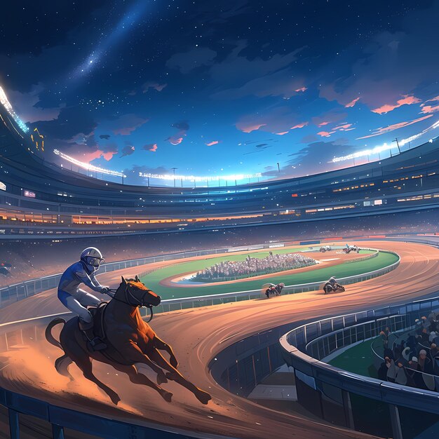 Photo horse jockey racing on track at night