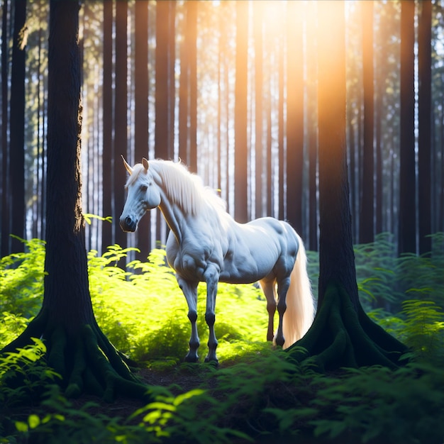 a horse in the jungle green grass and tree in the background generative AI
