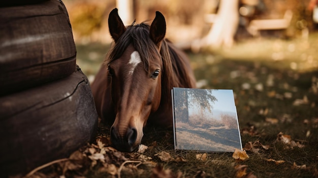 a horse laying down next to a mirror