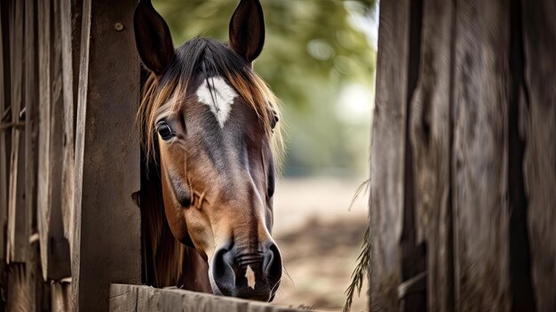 A horse looking out of a barn door