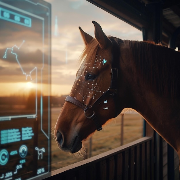 Photo a horse looking out a window at a sunset generative ai