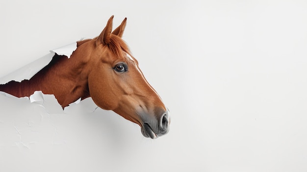 horse looking up in paper side torn hole isolated AI Generative