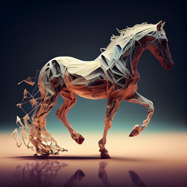 Horse made of crumpled paper 3d render illustration