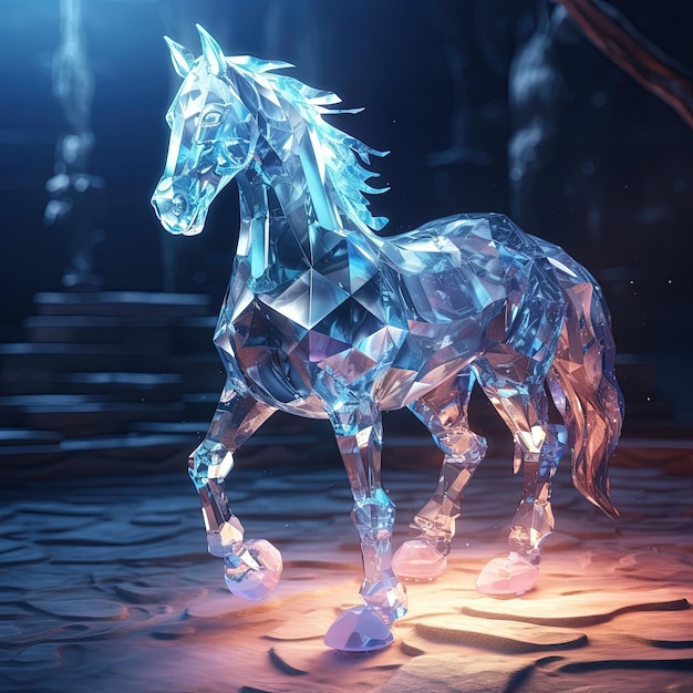 A horse made of ice is shown in a dark room.