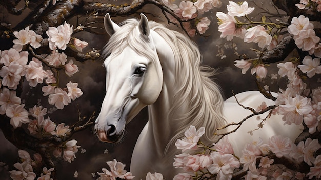 Horse in magnolia flowers