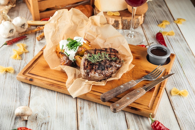 Horse meat steak with baked potatoes and sour cream