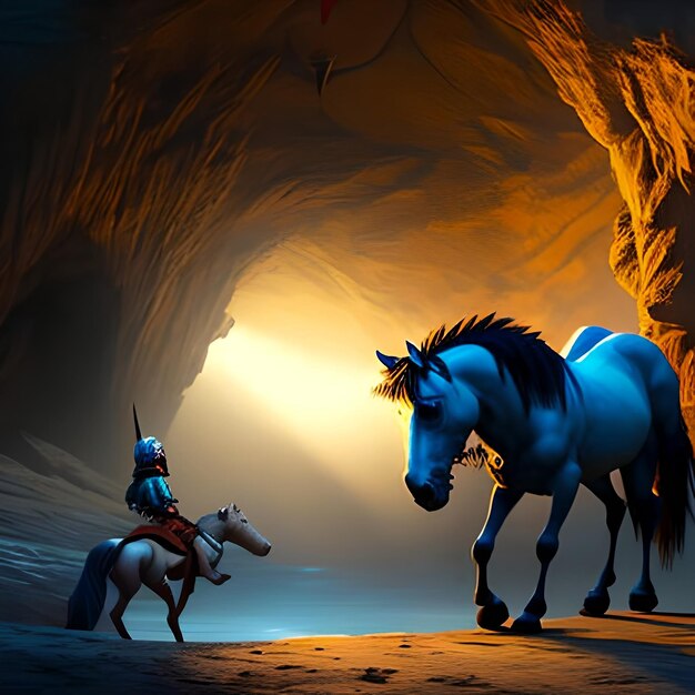 The horse monster looking at little hero with sword in the cave