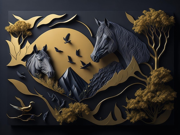 Horse and moon with gold paper cut art Black background Digital art for wall decor