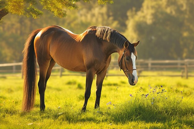 自然な草原で静かで美しい景色を眺める馬