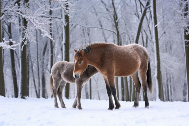 Horse nuzzling foal in the snow during winter