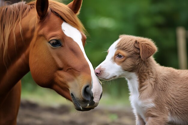 Photo horse nuzzling a puppy a shot