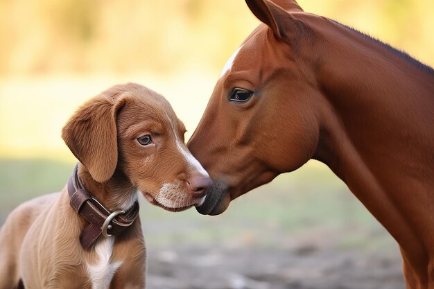 Photo horse nuzzling a puppy a shot