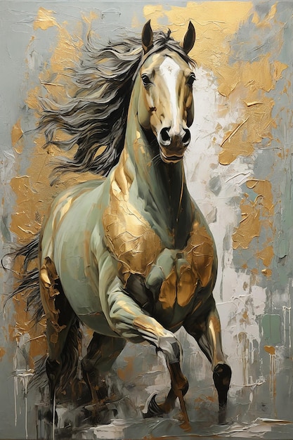 Картина лошади на холсте с золотой краской Элегантная лошадь