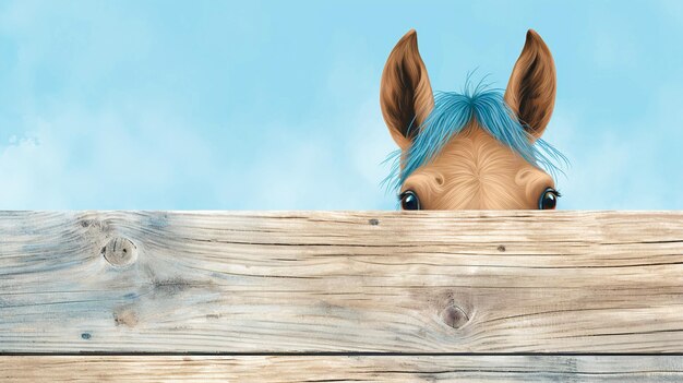 Horse peeks out from behind a wooden fence