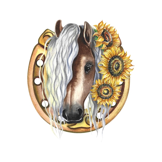 Photo horse portrait on the background of a horseshoe decorated with sunflowers. watercolor illustration