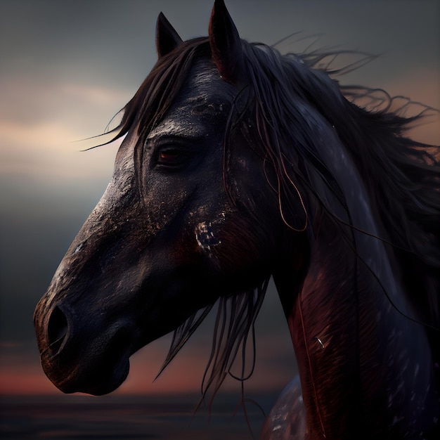 夕日の光の 3 d レンダリング図の中の馬の肖像画