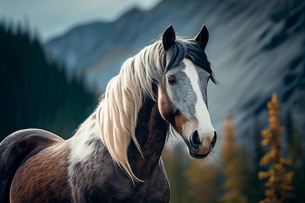 Horse portrait with long mane and long mane in the mountainsgenerative ai