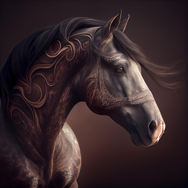 Horse portrait with ornament on the mane on a dark background