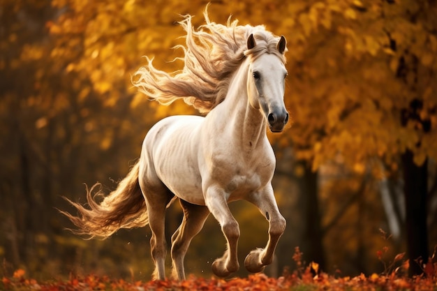 A horse prancing with fall foliage in the background