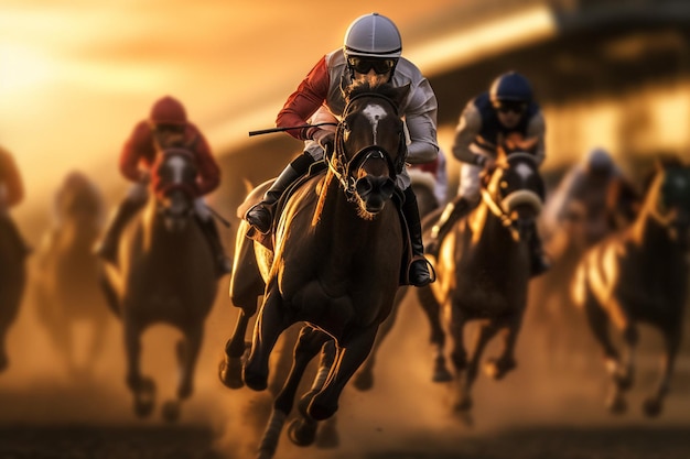 Horse race with jockeys at sunset with AI generated