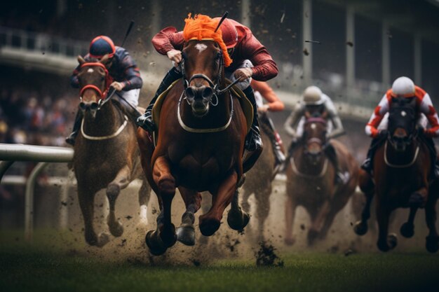 Photo horse racing rider on horse during a race sporting event featuring horses race on a track ai