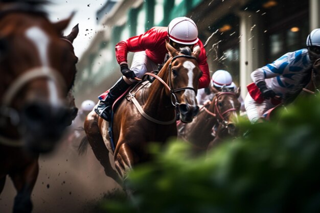 Photo horse racing rider on horse during a race sporting event featuring horses race on a track ai