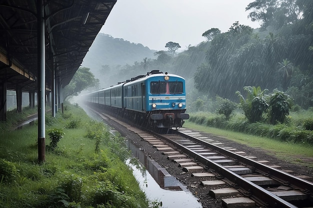 Лошадь, дождливая рядом с дождливой железной дорогой, движущаяся поездом