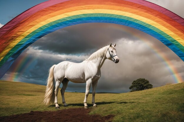 Foto un cavallo che riposa sotto l'arco di un arcobaleno