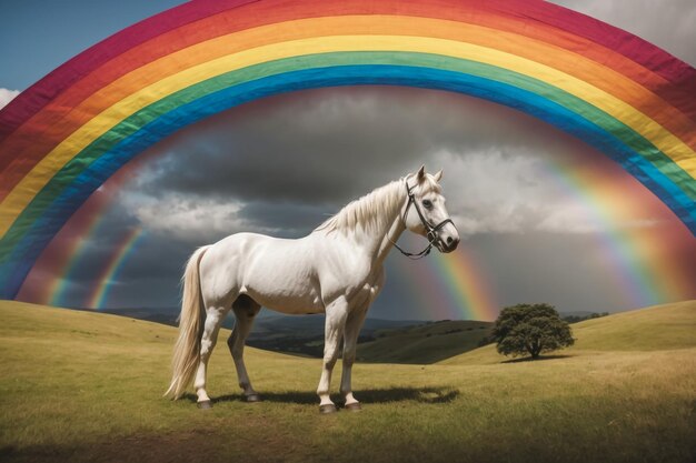 Foto un cavallo che riposa sotto l'arco di un arcobaleno