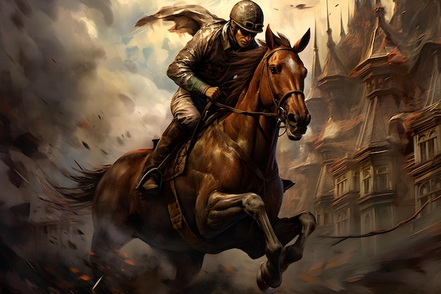 A horse and rider are galloping through a city with a burning building in the background.