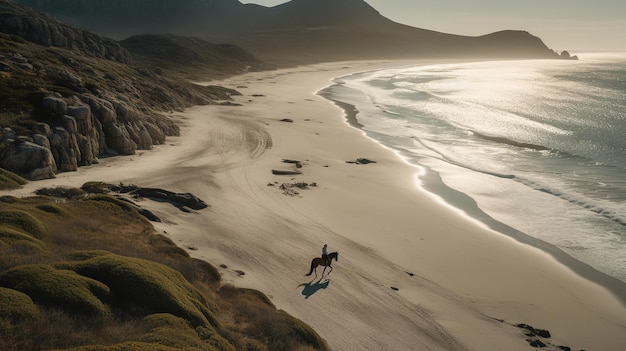 A horse and rider on a beach with mountains in the background