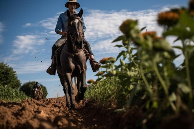 Horse and rider cantering through a field of bloomin