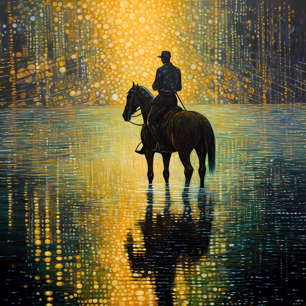 Horse Rider In Star night Een schilderij van een man die in het donker op een paard rijdt en sterren in de lucht claimt.