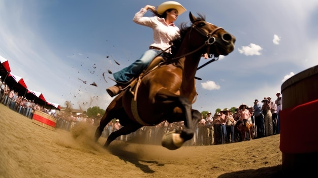 A horse rider is galloping through a dirt arena with a crowd watching.