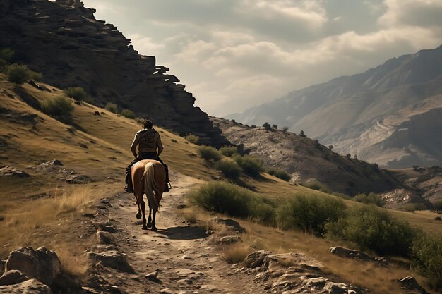 Photo horse and rider on mountain trail