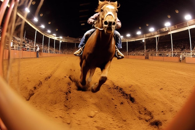 Foto cavallo e cavaliere nell'arena del rodeo occidentale