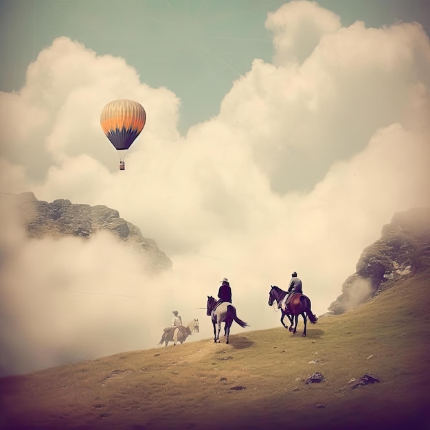 空に熱気球を乗せて山で乗馬